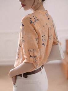 Blusa de mujer de manga 3/4 con cuello alto, estampado floral acuarela azul grisáceo| Blusa de ajuste ceñido, transpirable, de manga acampanada, para oficina/vacaciones, primavera/verano - Naranja - Ver 7