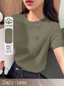 Y2K Style, Fashionable Style, Newest 2026 Style, Cute Style, Casual Style. Women's Short-Sleeved T-Shirt With Embroidered Heart And Letter Design For Valentine's Day, Casual And Work Style. 180g (S-XXXL) - 深綠色 - 查看 8