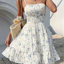 Women's Summer Holiday Ditsy Floral Print Ruffle Hem Spaghetti Strap Beach Dress,Bohemian Clothes Vacation Resort - Azul y blanco - Ver 7