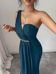 Elenzya Vestido elegante y romántico para mujer con escote asimétrico, cintura ceñida, bajo de cola de pez, decoración de perlas, adecuado para fiestas y reuniones - Agua verde azul - Ver 6