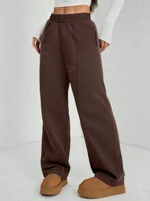 Pantalón de chándal de pierna recta con detalle de guijarro para mujer, mezcla de algodón cómoda - Café integral - Ver 1