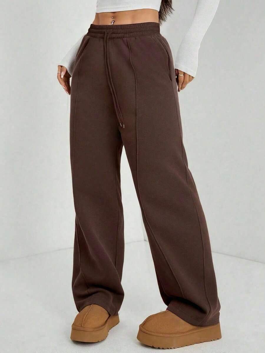 Pantalón de chándal de pierna recta con detalle de guijarro para mujer, mezcla de algodón cómoda - Café integral - Ver 1