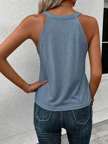 LUNE Camiseta de tirantes de cuello halter casual y cómoda para mujer, 95% algodón, adecuada para el verano - Niebla azul - Ver 2
