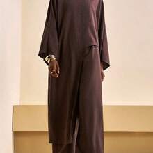 2026 Spring/Summer New Casual Commuting Loose Linen Material Brown Bat Sleeve Irregular Hem Blouse + High Waist Wide-Leg Pant Women Two Pieces Set, Suitable For Christmas, New Year, Daily Travel, Festivals, Shopping, Travel, Brunch Clothes, Airport Clothes, Party, Dates,Back To School-Z - Verde militar - Ver 6