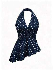 Blusa de verano con escote halter, fruncido y bajo asimétrico con estampado de lunares para mujer - Azul marino - Ver 2