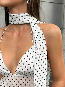 Camiseta de tirantes con cuello halter y estampado de lunares para mujer - Blanco - Ver 4