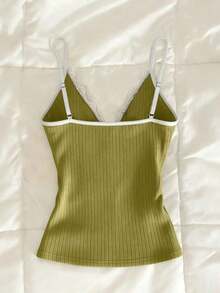 Camiseta sin mangas de uso diario versátil y casual con parches de encaje y decoración de lazo para mujer - Verde - Ver 2