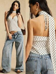 Camiseta sin espalda con lunares blancos para mujer, pieza de lencería sexy para primavera/verano, crea un look casual retro, adecuada para ocasiones de vacaciones - Blanco - Ver 3