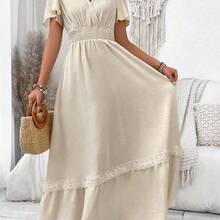 V-Neck Ruffle Sleeve Solid Color Vacation Style Spring/Summer Dress Maxi Women Outfit - Albaricoque - Ver 6