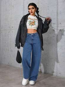 Jeans rectos y sueltos de color liso clásico informal - Azul - Ver 6