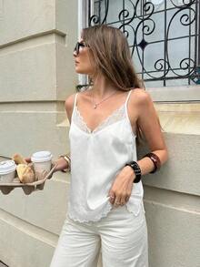 Top de camiseta sin mangas de uso diario versátil y casual con parches de encaje para mujer - Blanco 2 - Ver 1