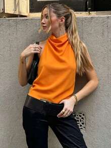 Camiseta sin mangas de satén de unicolor con cuello alto tipo halter Y2K para mujer, ropa de calle linda para el verano en color negro casual - Naranja - Ver 1