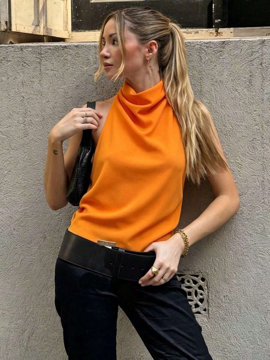 Camiseta sin mangas de satén de unicolor con cuello alto tipo halter Y2K para mujer, ropa de calle linda para el verano en color negro casual - Naranja - Ver 1