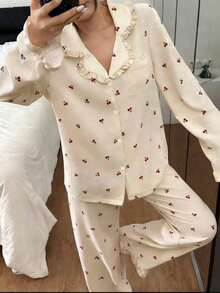 Dreamivo 杏色樱花印花荷叶边女士长袖睡衣套装 - 杏色 - 查看 5