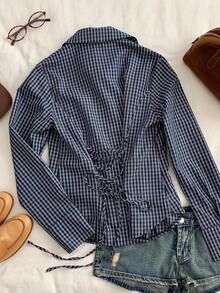 Camisa de manga larga de ajuste ceñido con cintura anudada a rayas rosa, blusa a rayas amarilla para mujer, nueva colección de otoño - Azul 2 - Ver 3