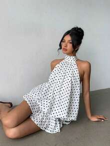 Vestido mini elegante de mujer con estampado de lunares y escote halter sin espalda - Multicolor 2 - Ver 5