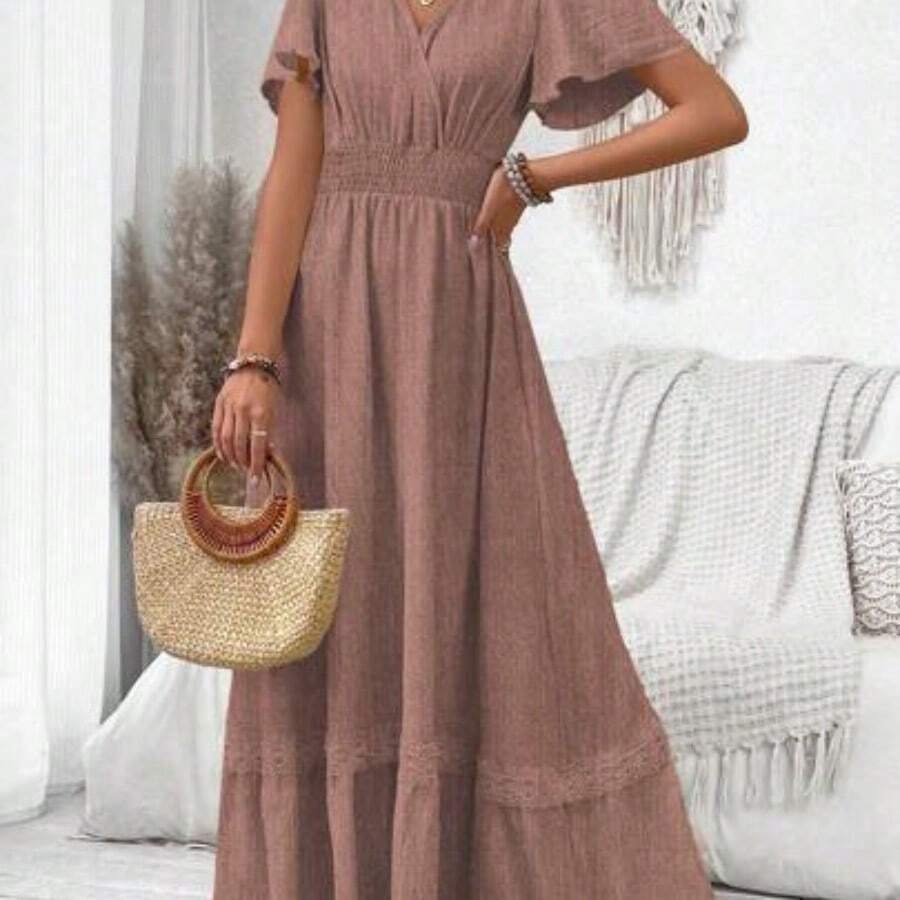 V-Neck Ruffle Sleeve Solid Color Vacation Style Spring/Summer Dress Maxi Women Outfit - Color caoba - Ver 1