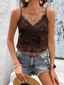 Camiseta de mujer de unicolor con encaje de contraste, suelta.Outfit casual de mujer, ideas de outfit, de outfit, outfits de verano de mujer, blusas de mujer para el verano, top de verano de mujer, top marrón de tirantes - Multicolor 3 - Ver 2