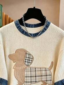 Camiseta de mujer con paneles de imitación de denim a rayas / Estampado de Dachshund / Uso diario casual / Verano - Multicolor 11 - Ver 2