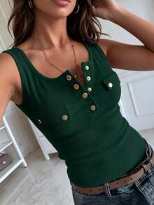 Chaleco ajustado casual de mujer con textura y decorado con botones de metal - Verde Oscuro - Ver 4