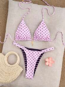 Conjunto de bikini reversible con estampado de lunares en contraste, con escote halter y nudo en la espalda, de estilo dulce y sexy, para vacaciones en la playa - Multicolor 3 - Ver 2