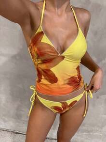 Conjunto de bikini a cuadros de cereza dulce - Amarillo - Ver 2