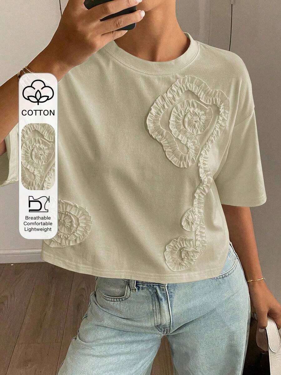 Blusa casual de verano para mujer con cuello redondo, manga corta suelta y 3D plisada con flor - Albaricoque - Ver 1