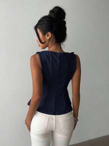 sin mangas elegante para ir a la oficina, diseño minimalista, casual de negocios para mujer, ropa de oficina, salir, para maestras, blusa casual para mujer, blusa social para mujer - Azul marino - Ver 2