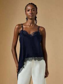 Camiseta de tirantes casual y versátil para mujer con parches de encaje, lunares y dobladillo asimétrico, elegante top de verano para mujer - Azul marino - Ver 4
