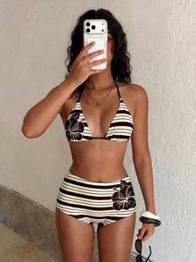 Traje de baño con estampado floral de moda: Top de bikini tipo camiseta con estampado de loto negro + Bottom de traje de baño de talle alto - Conjunto de traje de baño elegante y cómodo para vacaciones de verano, playa y uso en resort en color rojo - Multicolor - Ver 6