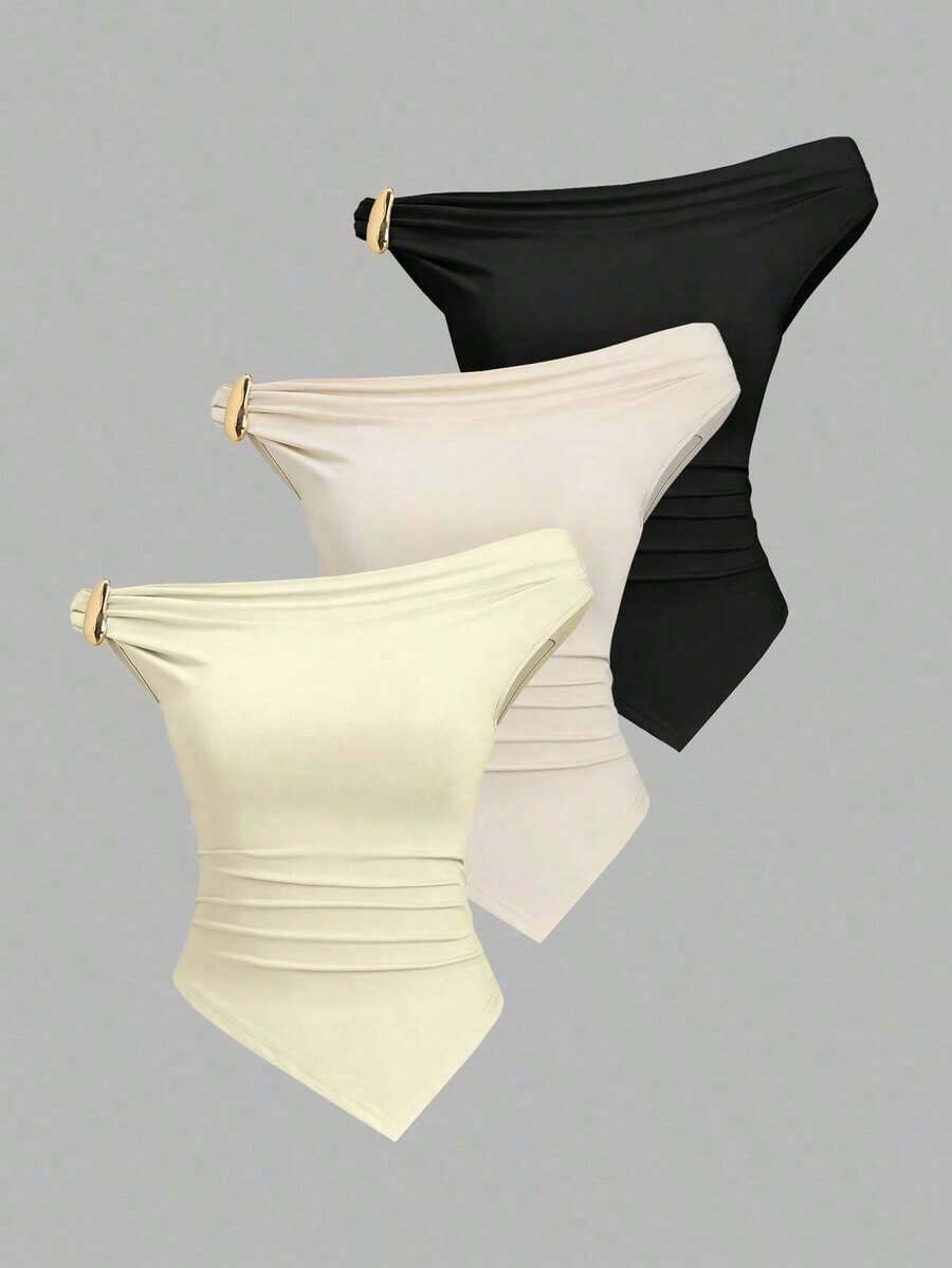 Conjunto de 3 piezas de moda europea y americana para mujer en unicolor, con decoración metálica, dobladillo retorcido y dobladillo asimétrico, camiseta casual y versátil para uso diario - Multicolor 16 - Ver 1