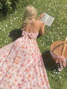 Vestido de mujer con estampado floral y cuello halter con lazo, de moda para citas y fiestas - Rosa Pálido - Ver 3