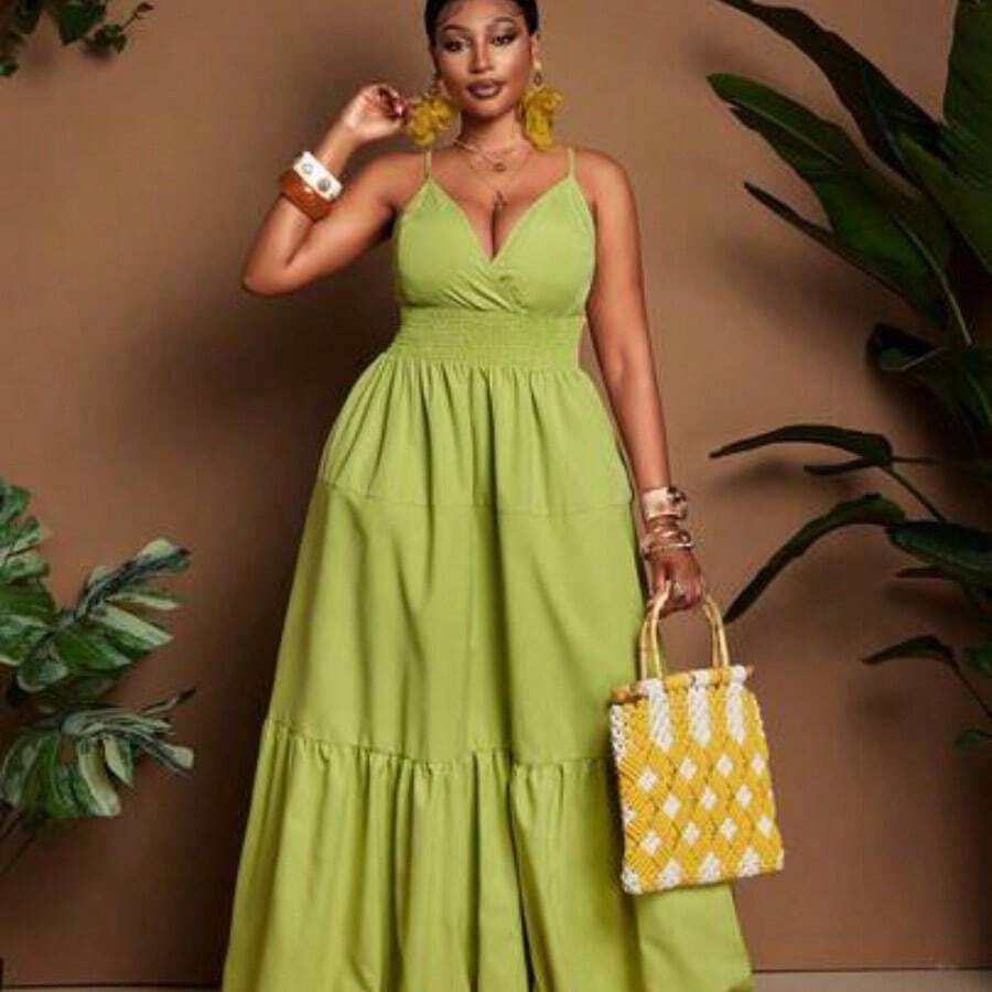 Vestido versátil de vacaciones románticas de moda refrescante y cómoda con tirantes finos de talla grande - Verde - Ver 1