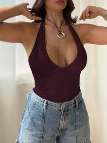 Blusa de verano casual de color rojo sólido, con escote en V profundo y espalda descubierta - Rojo violeta - Ver 4