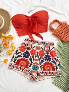 Conjunto informal de 2 piezas de top tubo corto anudado de unicolor y shorts con estampado floral para vacaciones de mujer - Multicolor 4 - Ver 1