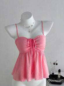 Camiseta de tirantes con volantes de unicolor lindo para damas, ropa de verano para la universidad - Rosa Fucsia - Ver 7