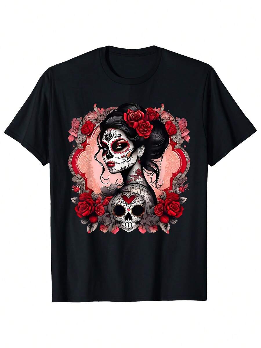 Camiseta del Día de los Muertos para Hombre y Mujer - Camiseta de Algodón Suave con Diseño Floral de La Catrina y Calavera de Azúcar - Camiseta Negra con Rosas Rojas - Ropa Casual y de Disfraz para Halloween, Lavable a Máquina - Ropa para el Festival del Día de los Muertos - Regalo Ideal para Fanáticos de la Cultura Latinoamericana - Negro - Ver 1