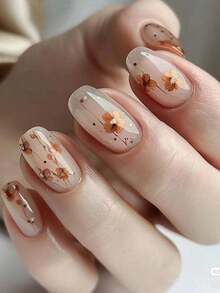 24pcs Short Oval Brown Floral Pattern Acrylic False Nails, Includes Gel Glue And Nail File, Suitable For Parties, Events And Daily Wear, For Women And Girls. Manicure Tool Kit Included. Moldable Nail Art Set - Multicolor - View 1