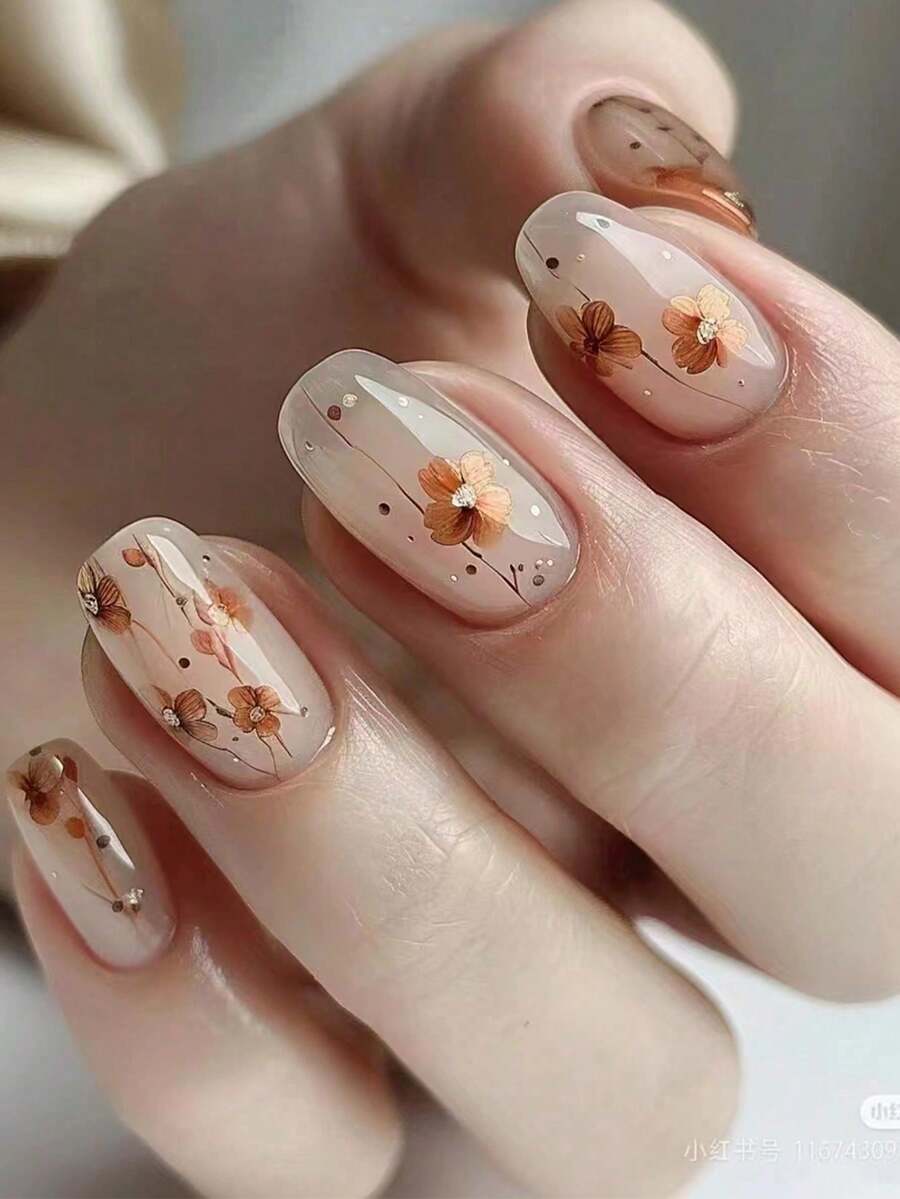 24pcs Short Oval Brown Floral Pattern Acrylic False Nails, Includes Gel Glue And Nail File, Suitable For Parties, Events And Daily Wear, For Women And Girls. Manicure Tool Kit Included. Moldable Nail Art Set - Multicolor - View 1