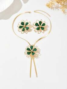 3pcs/Set Summer Fashion Bohemian Colorful Hollow Flower Necklace + Earrings Jewelry Set For Women, Suitable For Casual, Beach, Date, Party, Gift - Golden Green - View 4