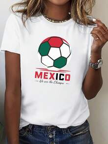 Playera de Mujer Casual Cuello Redondo Vibrante Bandera Mexicana Balón de Fútbol Estampado Comodidad para Todas las Estaciones Corte Cómodo Lavable a Máquina Diseño Multicolor Camiseta Deportiva y con estilo para Ropa Casual, Camiseta para el Diario Camiseta Cuello Redondo Tela Pura - Blanco - Ver 1