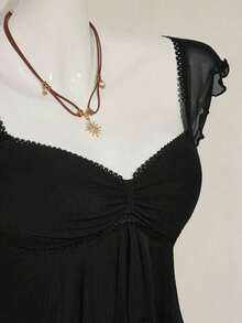 Top sin mangas con volantes, escote con pliegues, ajuste ceñido, parches de malla sexy, espalda con lazo, top casual de vacaciones - Negro 2 - Ver 4