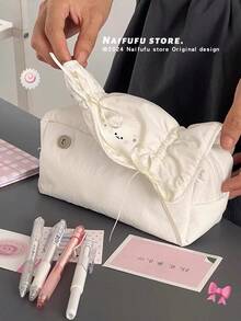 Soft Cute Cat Bow Pencil Case, Macaron Color Matching Ribbon Pleated Design, Large Capacity Fits Multiple Pens, Soft & Durable Material, Full Of Girly Charm, Suitable For Study & Storage - Cat - View 4