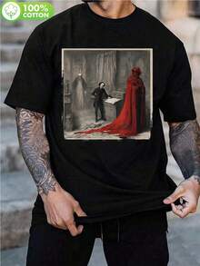 Camiseta de literatura gótica de terror para hombres y adolescentes - Camiseta gráfica de la Máscara de la Muerte Roja de Edgar Allan Poe - Camiseta negra con escena de la Muerte Roja - Camiseta holgada de algodón 100% de alta densidad para Halloween, cosplay, uso casual - Lavable a máquina, estilo clásico oscuro - Negro - Ver 1