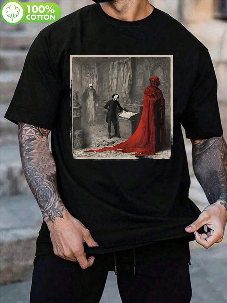 Camiseta de literatura gótica de terror para hombres y adolescentes - Camiseta gráfica de la Máscara de la Muerte Roja de Edgar Allan Poe - Camiseta negra con escena de la Muerte Roja - Camiseta holgada de algodón 100% de alta densidad para Halloween, cosplay, uso casual - Lavable a máquina, estilo clásico oscuro - Negro - Ver 1