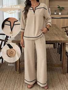 Conjunto de camisa de unicolor y pantalones con estampado floral para vacaciones - Caqui - Ver 9