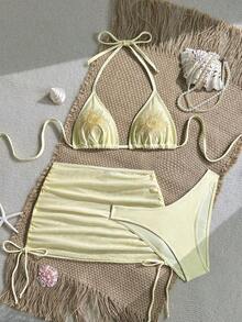 Conjunto de traje de baño de vacaciones para mujer, conjunto de vacaciones de verano para mujer, conjunto de playa para mujer - Amarillo - Ver 9