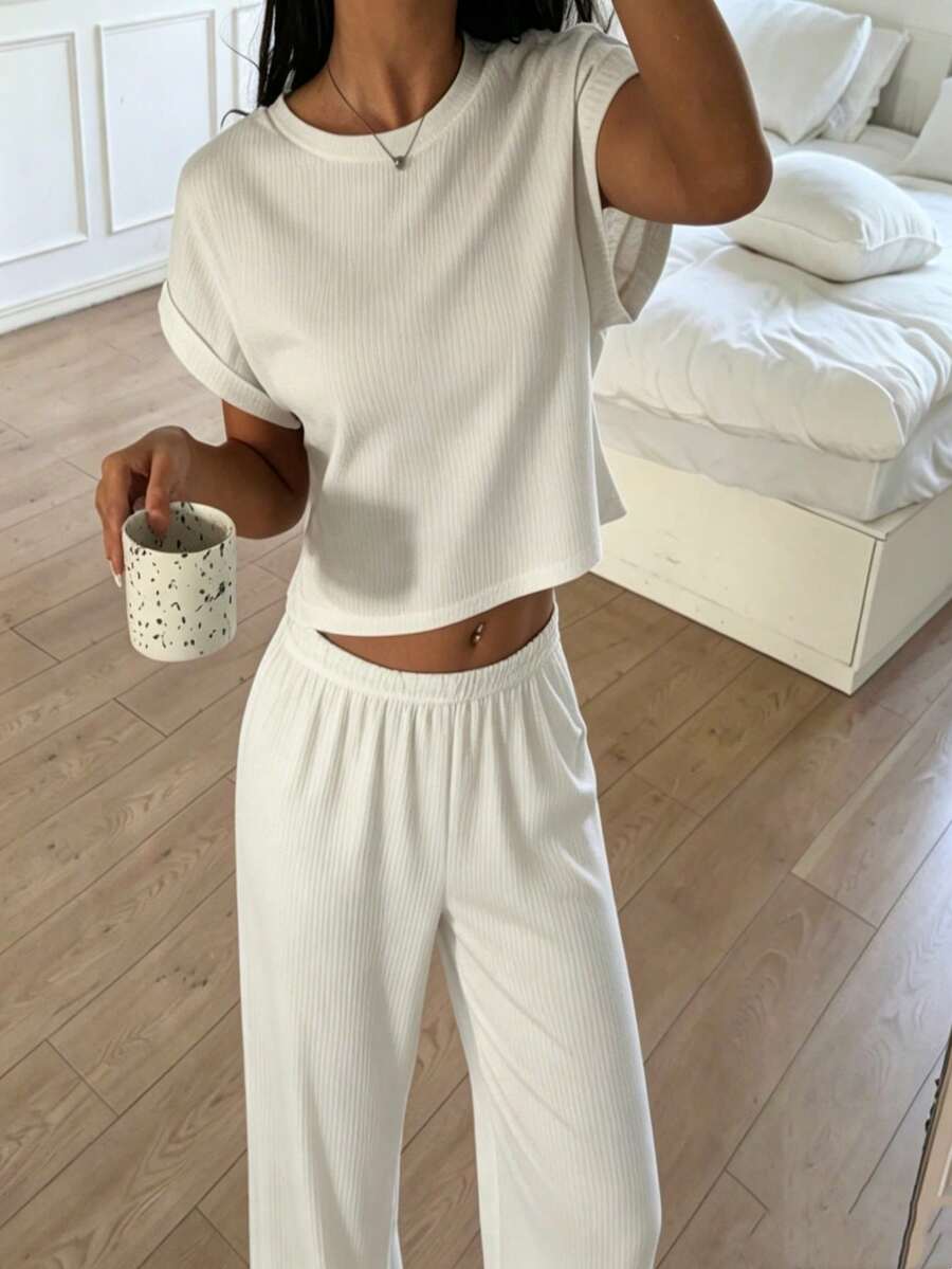 Conjunto de mujer de punto gris para el hogar, top y pantalones casuales simples y de moda para el día a día - Blanco - Ver 1