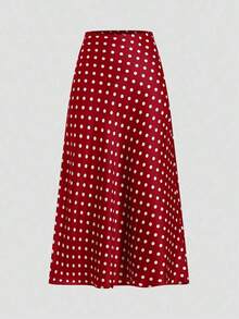 Falda de estilo vacacional elegante y retro con estampado de lunares para mujeres, otoño, invierno - Rojo - Ver 6