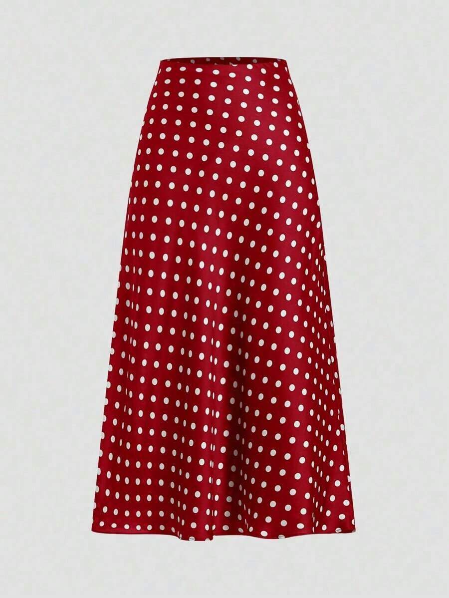 Elegante falda de satén con lunares - Rojo - Ver 1